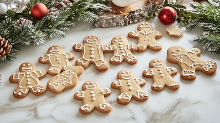 Wall Mural - Festive gingerbread men cookies decorated with icing and arranged in holiday shapes