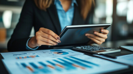 A professional woman sitting at a desk, using online banking on her tablet to manage finances. Copy space in the background