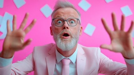 Excited man in a pink suit gestures enthusiastically in front of a bright pink background