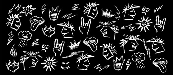 Wall Mural - grunge rock set on blackboard of doodle elements. wax pencil drawing mouth with tongue hanging out, 