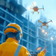 Construction worker operating drones at a building site during early morning hours