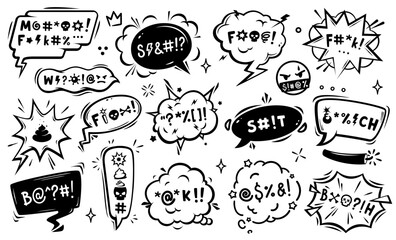 Poster - Comic speech bubbles of aggressive expletive curse and hate angry talk, cartoon vector. Bad words in speech bubble, explicit swear and rude language shout, aggressive emotions with exclamation signs