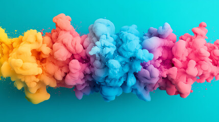 A vibrant explosion of colorful smoke in shades of yellow, pink, blue, and purple against a turquoise background, creating a dynamic and artistic visual effect.