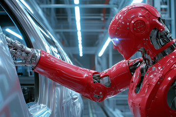 A red robotic arm carefully assembling components in a futuristic manufacturing facility