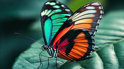 Close-up of a colorful butterfly perched on a large green leaf.