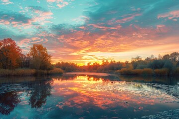 Poster - The sky glows with vibrant colors as the sun sets, casting a warm reflection on the tranquil lake surrounded by autumn foliage. Generative AI