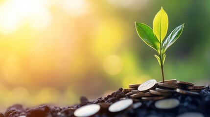 A green plant emerging from a pile of coins with a bright, minimalist background, symbolizing the growth of financial resources