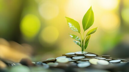 A green plant emerging from a pile of coins with a clean backdrop, illustrating the growth of financial resources and savings