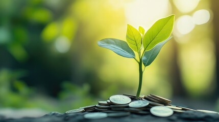 A green plant emerging from a pile of coins with a clean backdrop, illustrating the growth of financial resources and savings