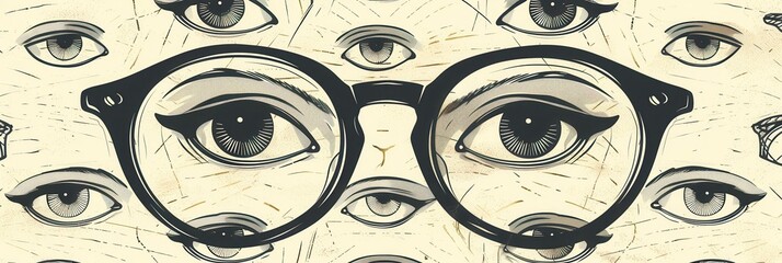 Aufkleber - A distinctive pair of eyeglasses stands out in front of a vibrant array of stylized eyes, creating an intriguing visual effect. Generative AI