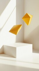 Wall Mural - minimalist composition with yellow geometric shapes floating above a white platform, evoking modern 