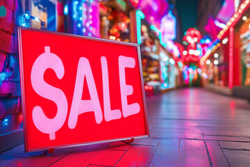 Bright sale sign glowing on the sidewalk of a festive market decorated with lights at night