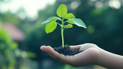 A hand cradling a budding green plant with a serene natural setting behind, highlighting environmental responsibility and growth