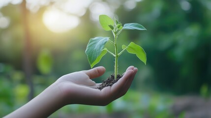 A hand cradling a budding green plant with a serene natural setting behind, highlighting environmental responsibility and growth