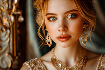 A captivating portrait of a woman adorned with elegant gold jewelry, showcasing beauty and style in a luxurious setting.