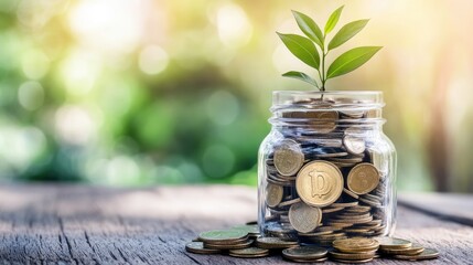 A jar of coins with a small green plant emerging from the top, illustrating smart saving and investment