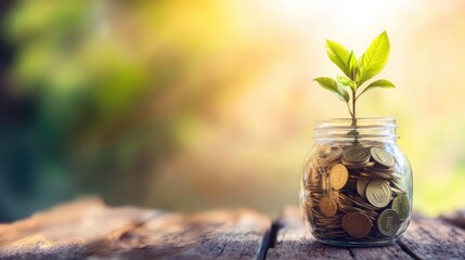 Wall Mural - A jar of coins with a small plant growing from it, representing the benefits of saving for future prosperity