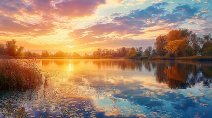 Fototapete - The sky glows with fiery hues of orange and purple as the sun sets, reflecting on the tranquil waters bordered by autumn foliage. Generative AI