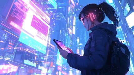 futuristic cyberpunk cityscape with woman using tablet and neon lights