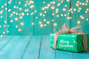 A beautifully wrapped green Christmas gift with twinkling lights in a cozy holiday setting