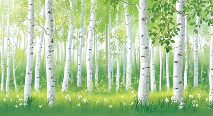 Background of green with silhouettes of birds on birch trees