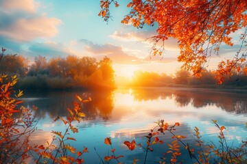 Sticker - The sunset casts brilliant hues across the sky, illuminating the calm waters below and adding warm colors to the autumn landscape. Generative AI