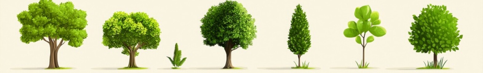 Trees, bush, and grass in summer. Set of green plants for a modern flat design. Landscape. Nature.