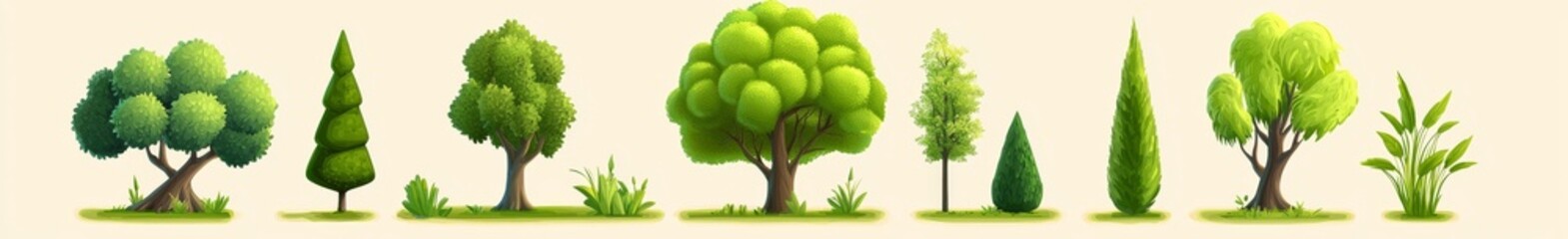 The scent of summer trees, bush, grass. Green plants. Elements for modern flat design. Landscape.