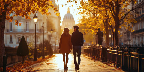 Romantic couple in love walking on a street of Paris on a sunny autumn day.