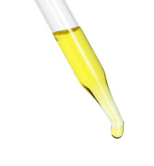 Poster - Dripping essential oil from pipette on white background