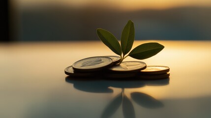 Coins and a small plant together on a clean surface, representing the concept of saving and financial growth in a simple setting