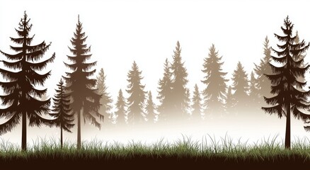 Coniferous spruce horizontal background pattern with black leaves in evergreen woods illustration. This is a beautiful hand drawn drawing of a coniferous forest panorama.