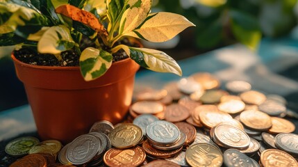 Wall Mural - Coins scattered around a potted plant, showing the connection between money saving and growth