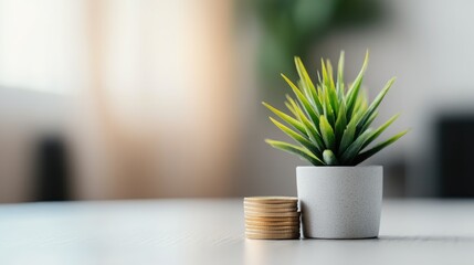 Wall Mural - Coins stacked next to a small green plant in a minimalist setting, illustrating the concept of money saving and growth