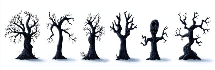 Isolated white background with spooky trees and leafless dead wood