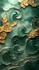 Abstract swirling green and gold design with a shimmering background.