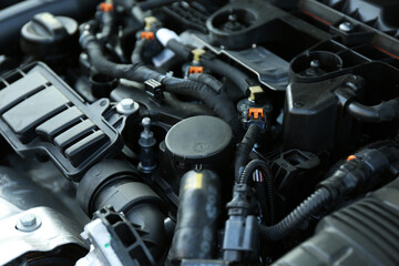 Wall Mural - Closeup view of car engine in modern auto