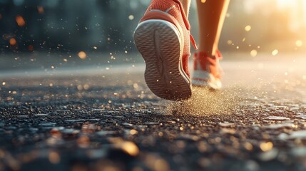 Realistic close-up of a runner's shoes hitting the pavement, showcasing high detail in texture and movement