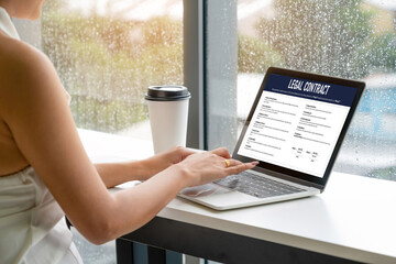 Digital legal contract provide terms and conditions document on computer screen ready for online digital signature for deal agreement of future business snugly