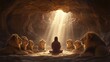 © itykhonova - Daniel praying calmly in the lion's den, lions sitting peacefully around him, divine light shining down, serene atmosphere, high-resolution, biblical faith and protection