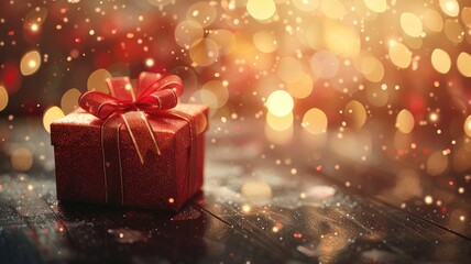 A red gift box with a bow stands elegantly on a wooden table .Christmas background with copy space