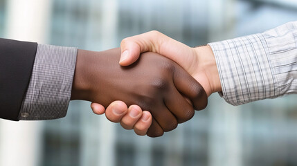 Business professionals engaged in a handshake to signify agreement in a modern office setting during daytime