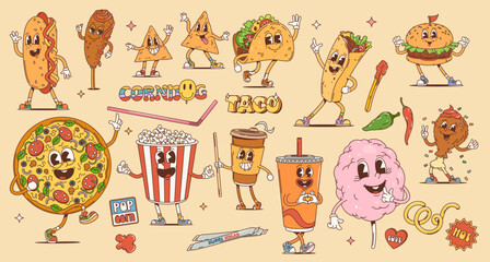 Canvas Print - Fast food cartoon retro groovy characters, funky burgers and pizza, vector personages. Happy groovy taco with popcorn and cheeseburger, hot dog and taco with coffee in 70s hippie or hipster groovy art