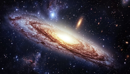 Wall Mural - A mesmerizing spiral galaxy features a bright, glowing center with countless sparkling stars scattered throughout the infinite vastness of the universe.