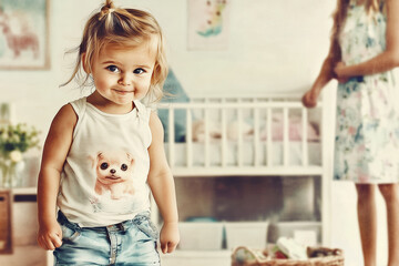 a toddler girl standing in the nursery smiling