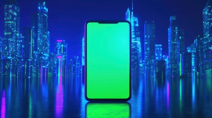 Green screen blank smartphone with blue neon cyber city background advertising or promotion mockup wallpaper AI generated image