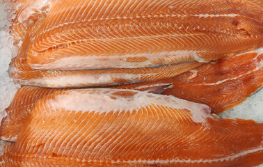 Raw salmon fillet on ice close-up 