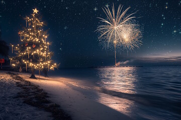 Christmas tree illuminated on a tropical beach at night with fireworks, concept of festive celebration and tropical holiday vibes