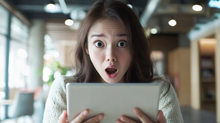 Shocked young woman looking at a tablet.