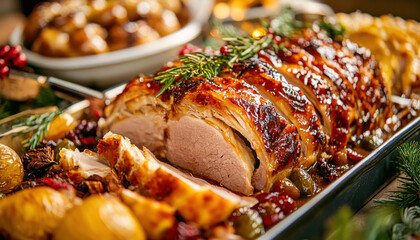 Wall Mural - Juicy roast pork loin stuffed with mushrooms for christmas dinner with roasted potatoes